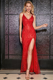 Scintillante Sirena Spalline sottili Paillettes Rosso Abito Lungo Ballo con Criss Croce Indietro