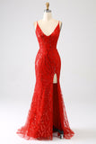 Glitter rosso sirena lungo paillettes abito da ballo con fessura
