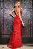 Scintillante Sirena Spalline sottili Paillettes Rosso Abito Lungo Ballo con Criss Croce Indietro