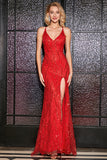 Scintillante Sirena Spalline sottili Paillettes Rosso Abito Lungo Ballo con Criss Croce Indietro