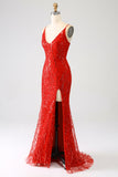 Glitter rosso sirena lungo paillettes abito da ballo con fessura