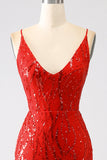 Glitter rosso sirena lungo paillettes abito da ballo con fessura