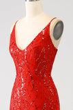 Glitter rosso sirena lungo paillettes abito da ballo con fessura