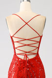Glitter rosso sirena lungo paillettes abito da ballo con fessura