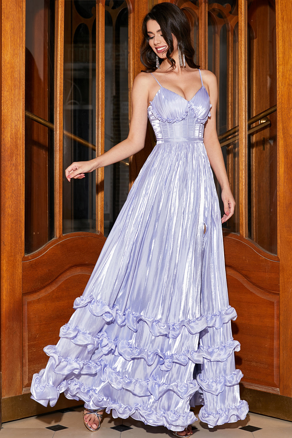 Splendida linea spaghetti spalline lavanda corsetto abito da ballo con fessura