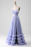 Lavanda Spaghetti Straps A Line Ruffles Prom Dress con spacco