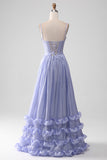 Lavanda Spaghetti Straps A Line Ruffles Prom Dress con spacco