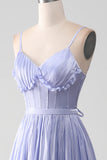 Lavanda Spaghetti Straps A Line Ruffles Prom Dress con spacco