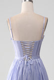 Lavanda Spaghetti Straps A Line Ruffles Prom Dress con spacco