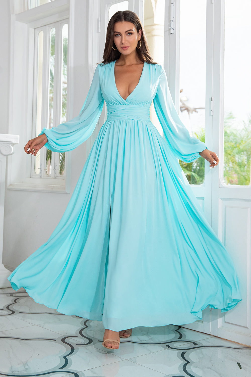 Chiffon Verde Chiaro Abito Lungo Prom con Spacco
