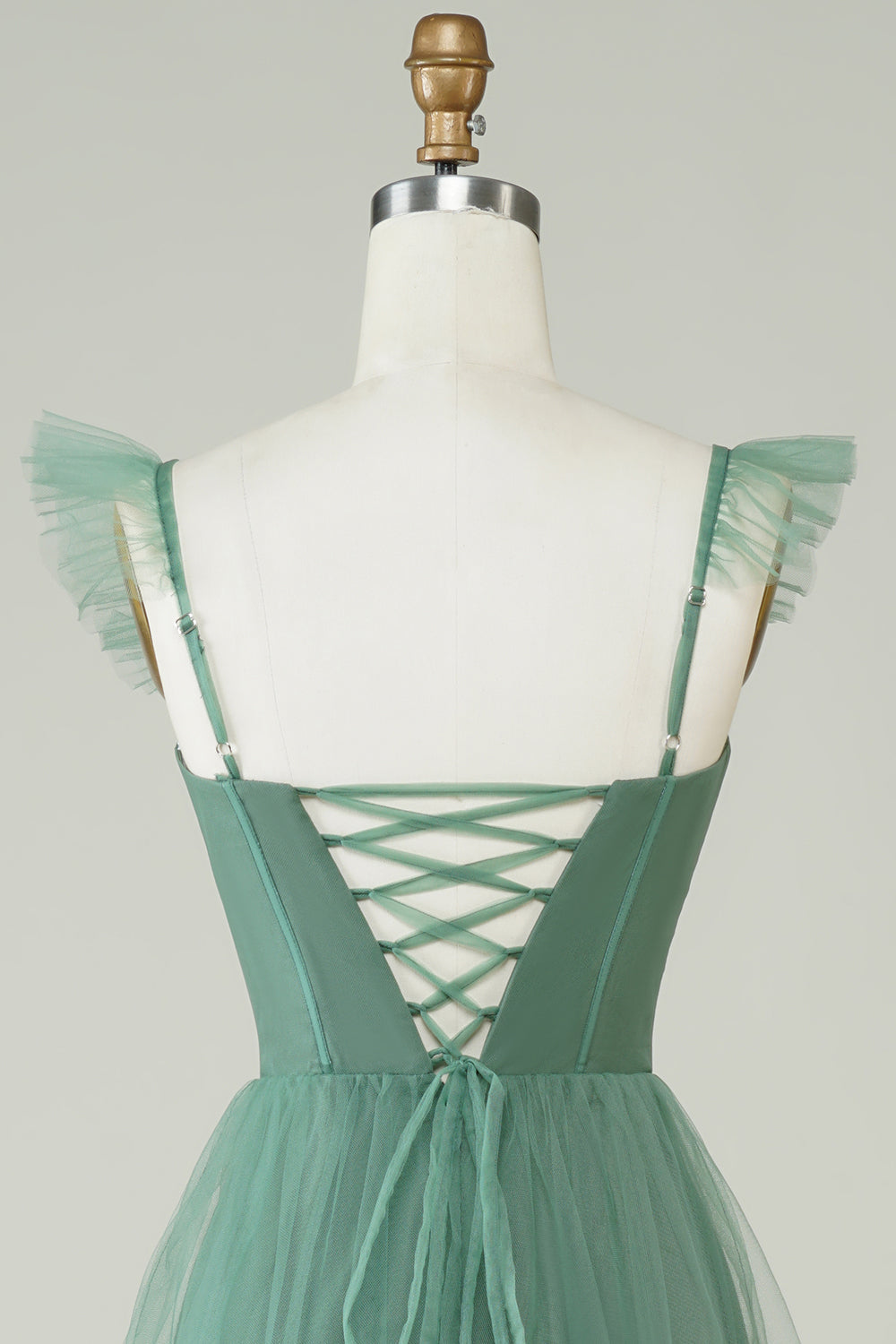 A Line Spaghetti Straps Abito da damigella d'onore lungo in tulle eucalipto