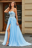 Tulle A-Line Spaghetti Straps Azzurro Abito da ballo lungo corsetto con applicazioni