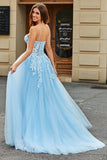 Tulle A-Line Spaghetti Straps Azzurro Abito da ballo lungo corsetto con applicazioni
