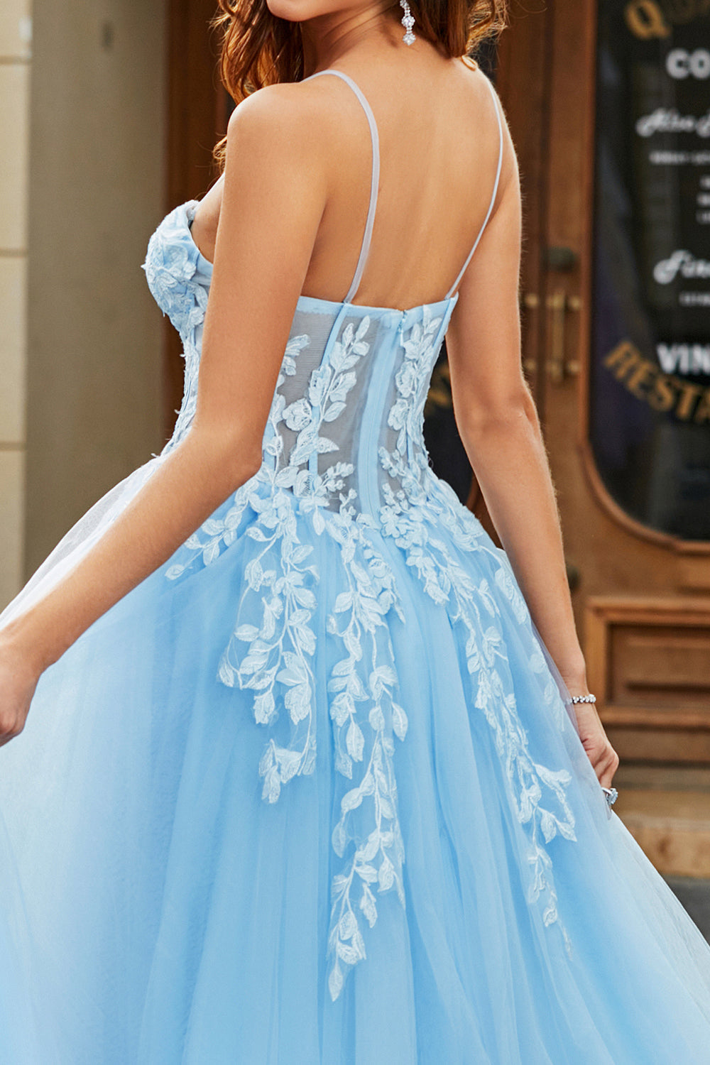 Tulle A-Line Spaghetti Straps Azzurro Abito da ballo lungo corsetto con applicazioni