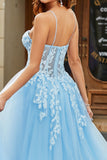 Tulle A-Line Spaghetti Straps Azzurro Abito da ballo lungo corsetto con applicazioni