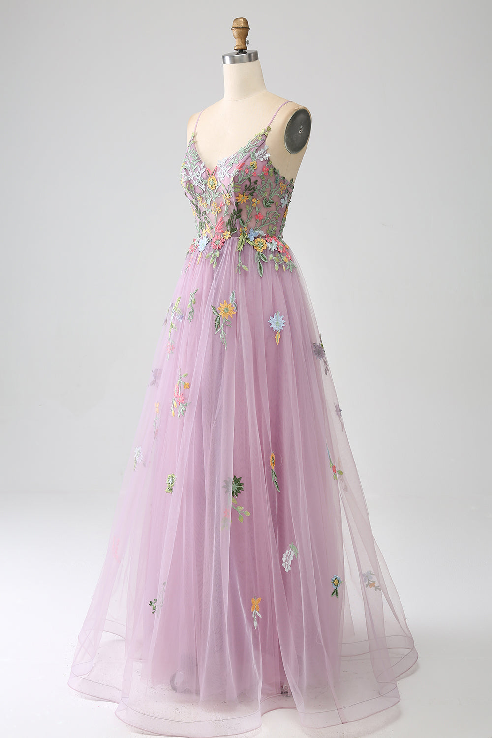 Malva A-Line Spaghetti Straps Tulle Abito Lungo Prom Con Ricamo