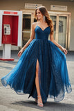 Navy A-Line Scollo a V lungo in rilievo Tulle Prom Dresses con pieghe