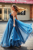 Navy A-Line Scollo a V lungo in rilievo Tulle Prom Dresses con pieghe