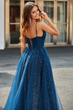 Navy A-Line Scollo a V lungo in rilievo Tulle Prom Dresses con pieghe