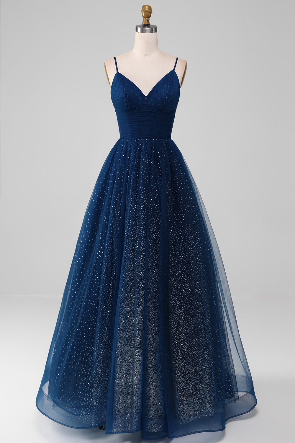 Navy A-Line Scollo a V lungo in rilievo Tulle Prom Dresses con pieghe