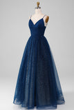 Navy Ball-Gown Scollo a V lungo in rilievo Tulle Prom Dresses con pieghe