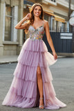 A-Line Tulle Corsetto lungo a più livelli Malva Prom Dress con applicazioni