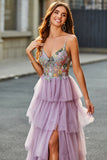A-Line Tulle Corsetto lungo a più livelli Malva Prom Dress con applicazioni