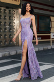 Elegante sirena Spaghetti Straps Lilla Abito da ballo lungo con fessura