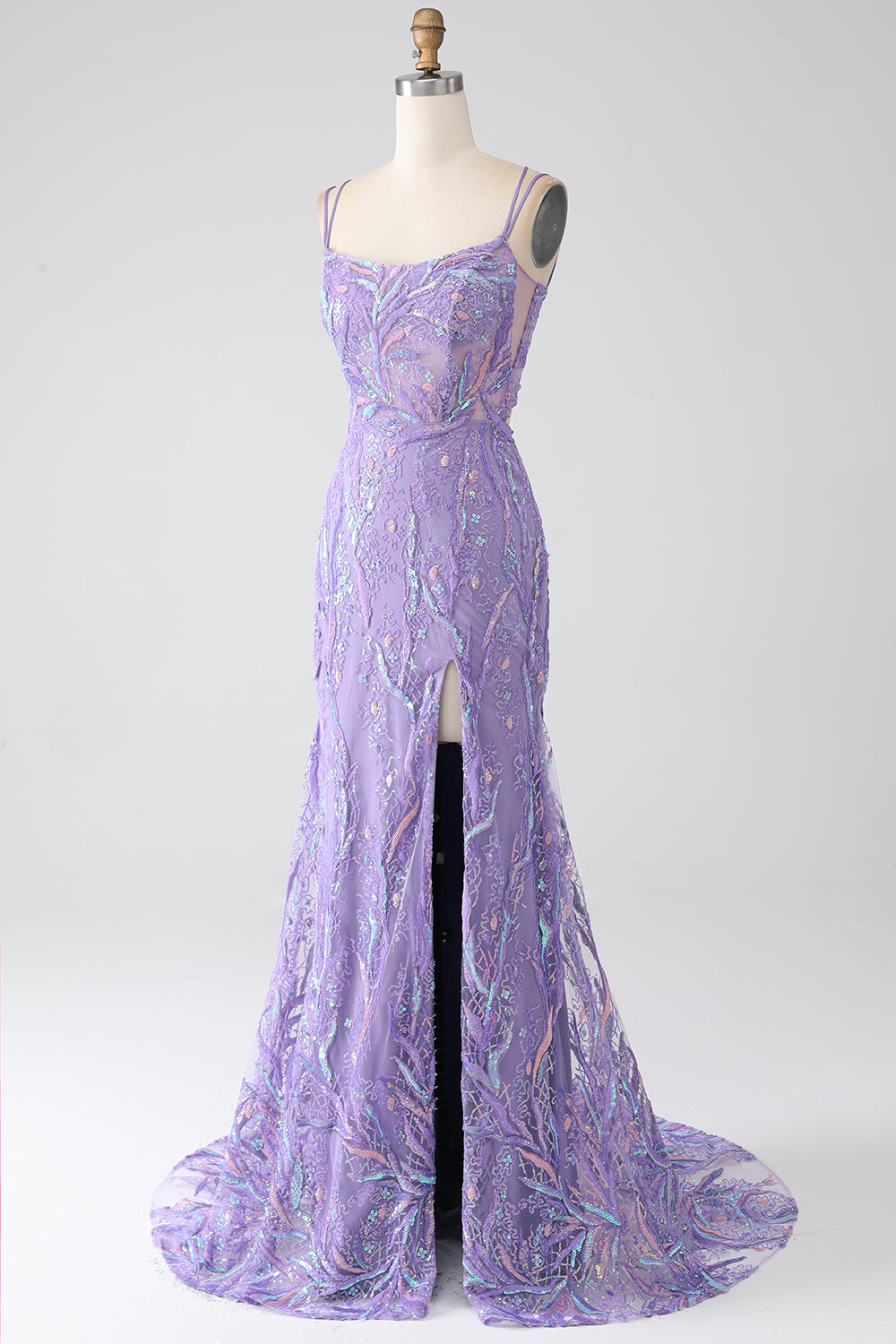 Mermaid Lace-Up Back Lilac Paillettes Prom Dress con fessura