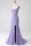 Mermaid Lace-Up Back Lilac Paillettes Prom Dress con fessura