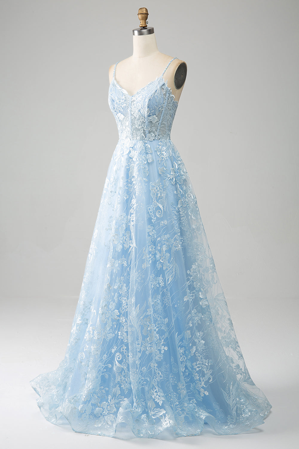 Azzurro cielo A-Line Spaghetti Straps Lace lungo corsetto Prom Dress