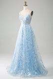 Azzurro cielo A-Line Spaghetti Straps Lace lungo corsetto Prom Dress