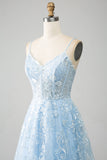 Azzurro cielo A-Line Spaghetti Straps Lace lungo corsetto Prom Dress