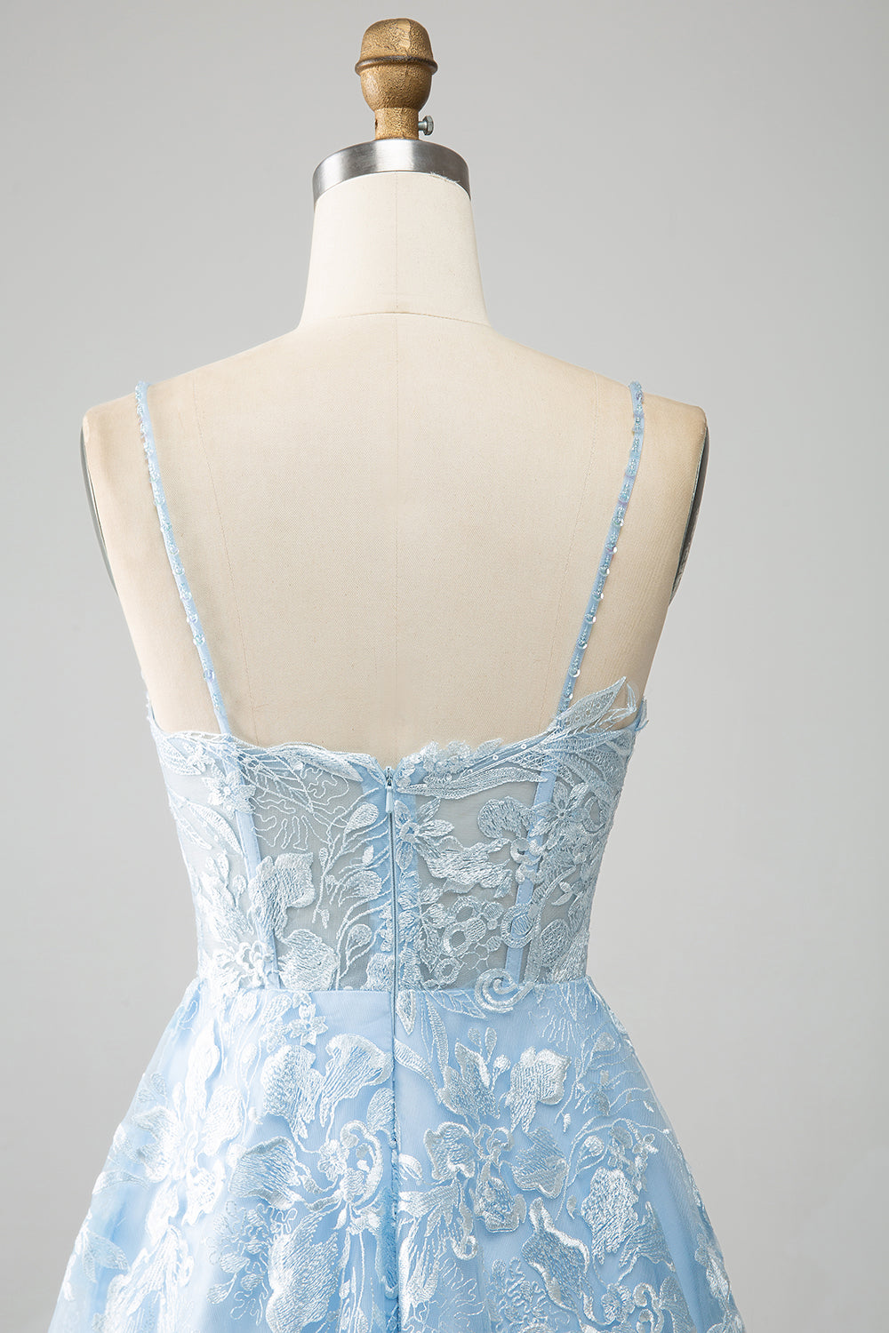 Azzurro cielo A-Line Spaghetti Straps Lace lungo corsetto Prom Dress