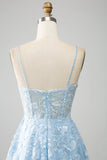 Azzurro cielo A-Line Spaghetti Straps Lace lungo corsetto Prom Dress