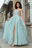 Splendida linea di spalline sottili menta corsetto abito da ballo con appliques