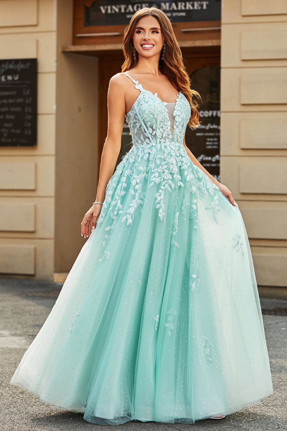 Mint Ball-Gown maniche staccabili in rilievo Prom Dresses con appliques