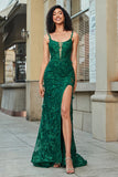 Elegante sirena Spaghetti Straps Verde scuro Abito da ballo lungo con appliques