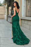 Elegante sirena Spaghetti Straps Verde scuro Abito da ballo lungo con appliques