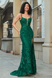 Elegante sirena Spaghetti Straps Verde scuro Abito da ballo lungo con appliques