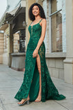 Elegante sirena Spaghetti Straps Verde scuro Abito da ballo lungo con appliques
