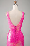 Sparkly Hot Pink Mermaid Prom Dress con fessura