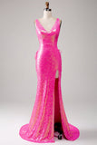 Sparkly Hot Pink Mermaid Prom Dress con fessura