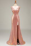 Sparkly Hot Pink Mermaid Prom Dress con fessura