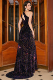 Scintillante Sirena Una spalla Nero Paillettes Abito Lungo Ballo con Fessura