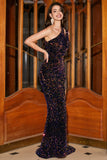 Scintillante Sirena Una spalla Nero Paillettes Abito Lungo Ballo con Fessura