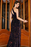 Scintillante Sirena Una spalla Nero Paillettes Abito Lungo Ballo con Fessura
