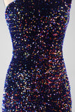 Nero Sirena Una Spalla Paillettes Abito Lungo Prom con Fessura