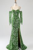 Sirena Off the Shoulder Olive Printed Long Prom Dress con spacco frontale