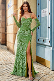 Olive Mermaid Stampa Floreale Spaghetti Straps Abito Lungo Prom Con Fessura